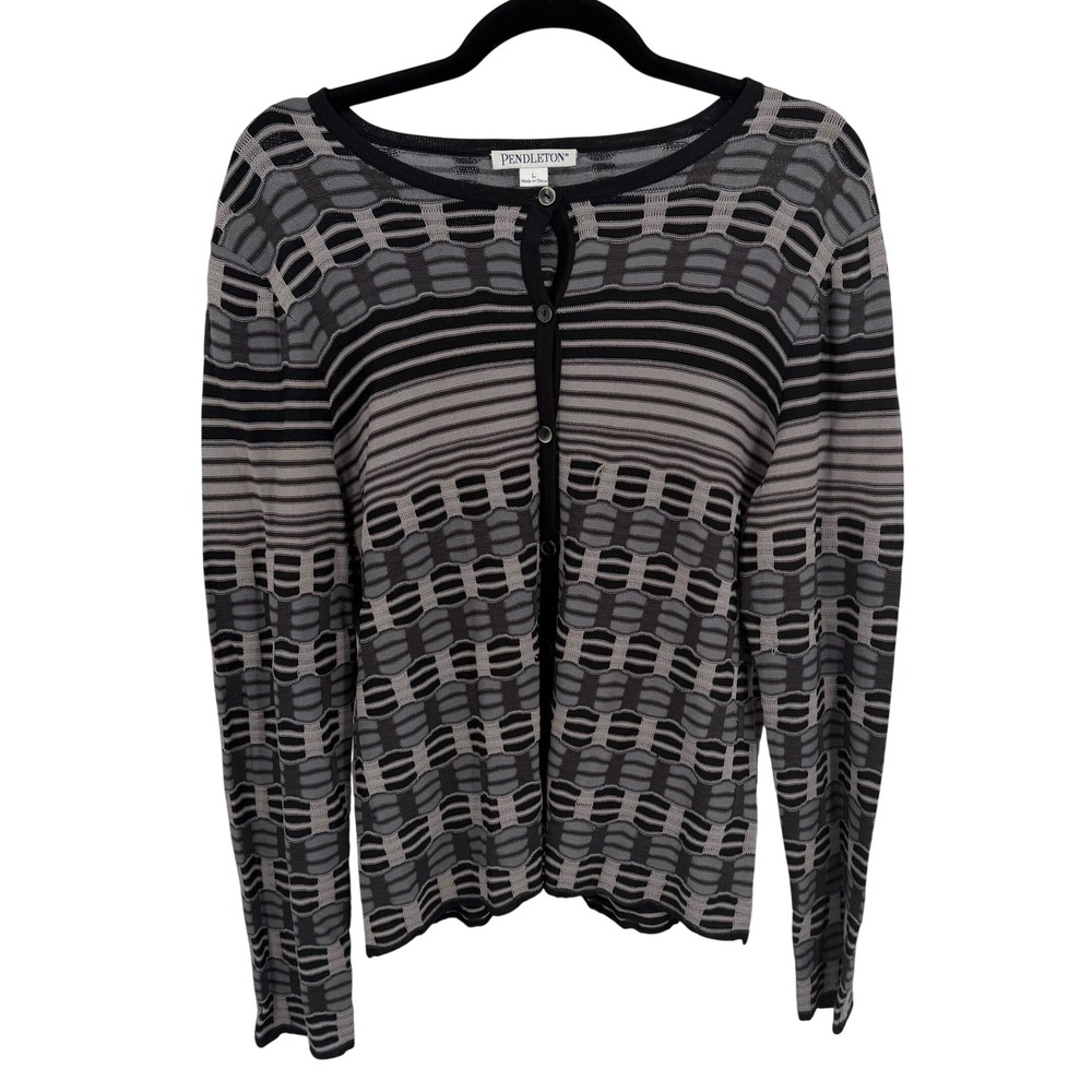 Pendleton Women's L Cardigan Black Grey Cityscape Knit Button Long Sleeve
